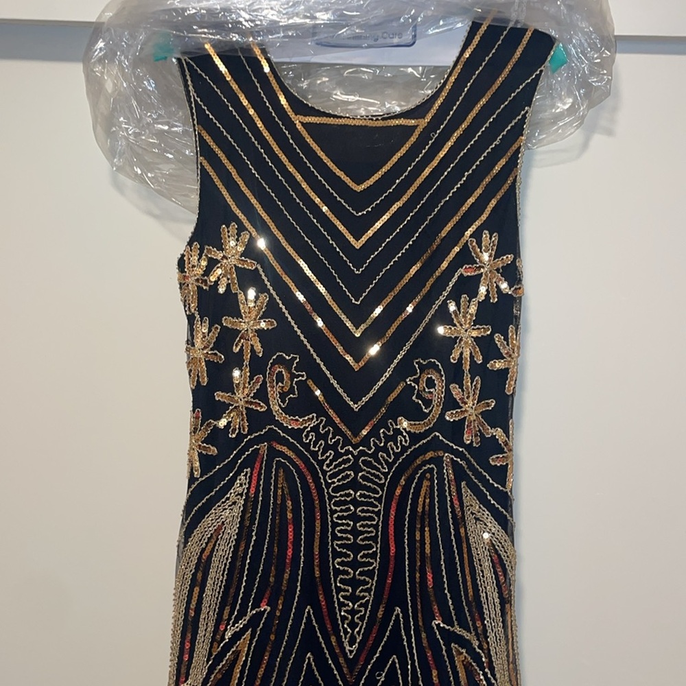 Elegant Black and Gold Embellished Dress 20s Flapper style Medium Great Gatsby - Picture 9 of 17